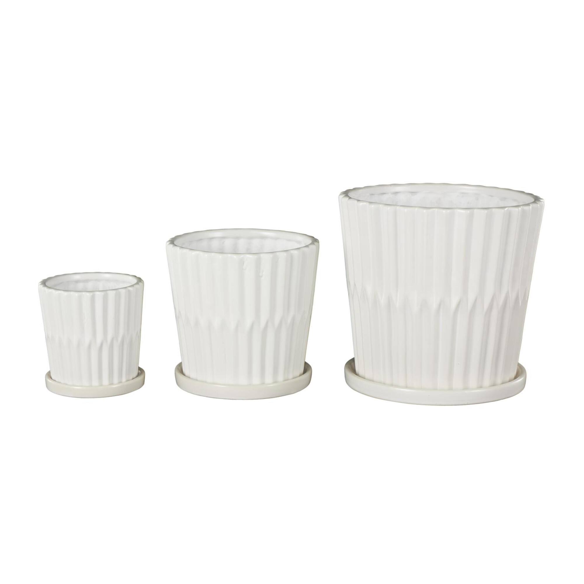 White Double Ribbed Textured Ceramic Planter Set